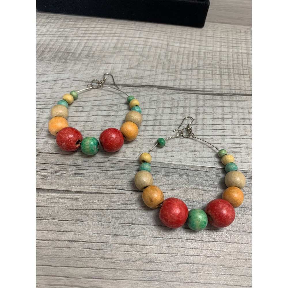 Boho Multicolor‎ Wood Bead Hoop Earrings Silver Tone Fishhook Dangle 2 Inch 3214